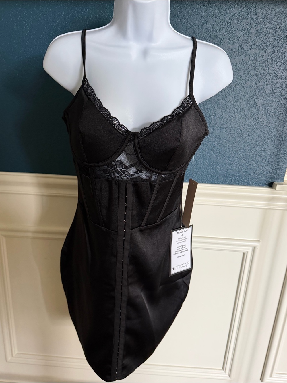 Katie Rae Macy's Black Satin Lace-Trim Bustier Slip Dress, NWT, Large - Picture 3 of 8